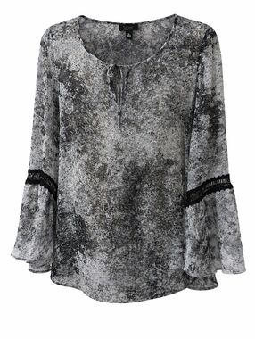 Alyx Boutique Black & Grey Marble Sheer Bell Sleeve Blouse XL Boho Western